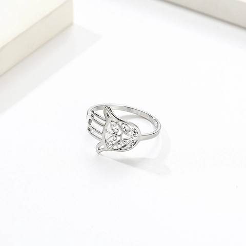 Anillo Mano de Fátima de Acero Inoxidable Vintage para Mujer Diseño Calado Amuleto de Protección Joyería de Moda Retro
