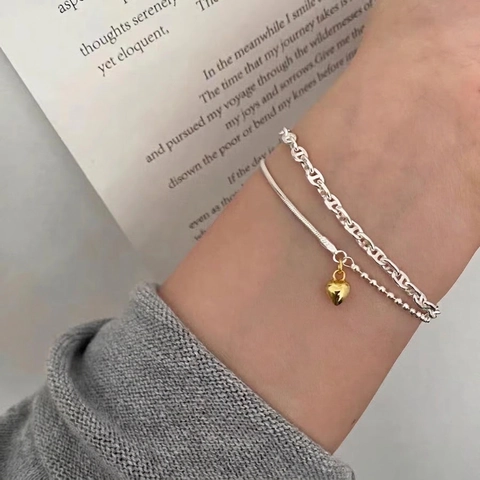 Bracelet Pendentif Coeur en Argent Sterling S925 pour Femmes Bicolore Chaîne Mixte Perles et Serpent Bijoux Minimalistes