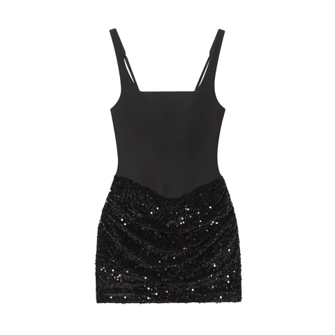 Women Sexy Sequin Bodycon Mini Dress Square Neck Ruched Spaghetti Strap Backless Lace Up Party Nightclub Cocktail Dress