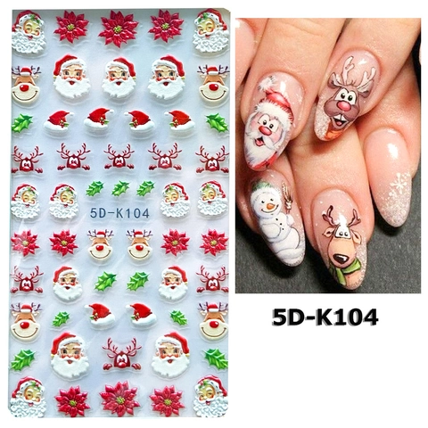 Autocollants Ongles 5D Noël Gaufré Père Noël Flocons Renne 3D Adhésifs Nail Art Pour Décoration DIY Fête