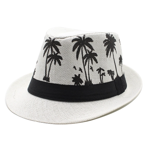 Sommer Stroh Fedora Hut Palmbaum Druck Papier Gewebt Strand Sonnenschutz Jazz Kappe Mit Schwarzem Band Für Herren Damen