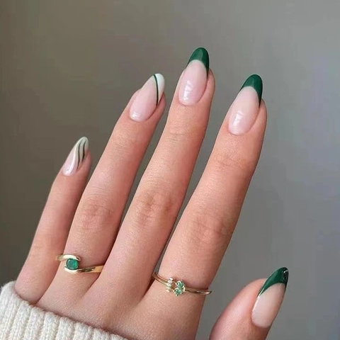 French Almond Press On Nails Olive Green Nude Pink Wave Pattern Artificial False Nail Tips For Women Daily Salon