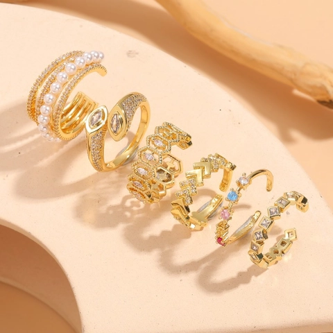 Geometric Marquise Zircon Copper Ring With Artificial Pearl 14K Gold Plated Adjustable Open Ring For Women Light Luxury Style