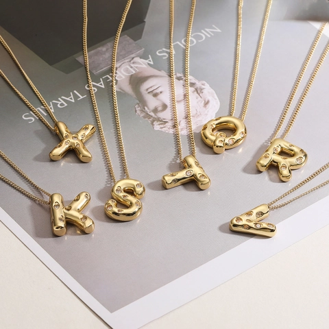 Collier Pendentif Lettre Initiale Cuivre Plaqué Or Avec Zircon Style Bubble Puffy Bijoux De Mode Pour Femmes