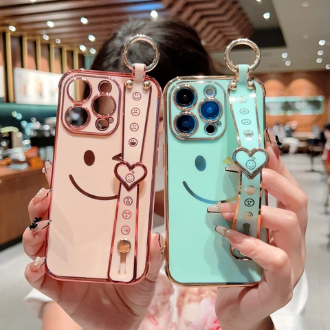 Electroplated Silicone Phone Case With Smiley Face Wrist Strap And Stand For Mobile Phone Drop Proof Cover