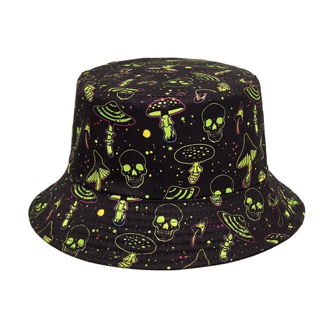 Chapeau Bob Polyester Protection Solaire Extérieur Crâne Champignon Néon Graffiti Imprimé Double Face Unisexe