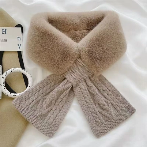 Winter Halswärmer Spleiß Kunstpelz Und Zopfstrick Schal Dick Warm Winddicht Koreanische Mode Kreuz Stil Für Damen