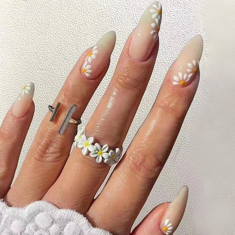 Ongles Artificiels Amande Dégradé Vert Marguerites Fleur Élégant Faux Ongles Fille Douce Printemps Été