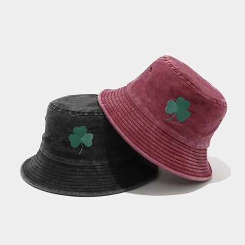 Washed Cotton Bucket Hat Green Shamrock Bestickt Sonnenschutz St Patricks Day Vintage Casual Outdoor Sonnenschutz