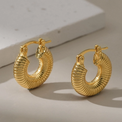 Pendientes De Aro Gruesos De Cobre Chapado En Oro De 18K Retro Con Textura De Espiral Roscada Para Mujer