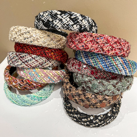 Vintage Tweed Padded Headband Wide Brim Woven Plaid Hair Hoop Elegant Shiny Sequins Hair Accessories For Women Girls