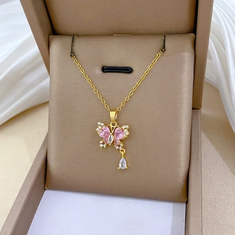 Collana Con Ciondolo A Farfalla Placcata Oro Acciaio Al Titanio Zircone Rosa Goccia D'acqua Gioielli Eleganti Per Donna