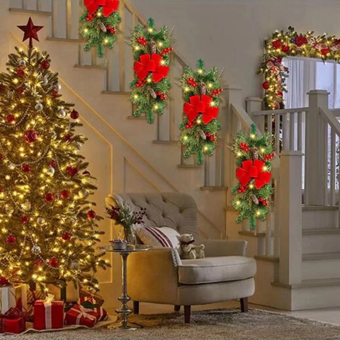 Christmas Wreath Garland With Warm LED Lights Artificial Pine Needles Red Berries Pine Cones Large Ribbon Bow Holiday Staircase Decoration