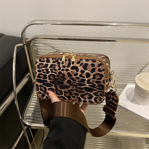 Women Leopard Print Crossbody Bag PU Leather Camera Bag With Double Zipper And Wide Adjustable Strap Square Fashion