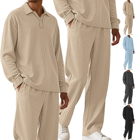 Heren Wafelbreisel Polo Top En Broek Casual Loungewear Getextureerde Jacquard Lange Mouwen Effen Kleur Revers Home Wear