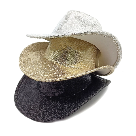 Cappello Da Cowboy Con Paillettes Luccicanti Stile Western Tesa Larga Festa Palcoscenico Performance Costume Per Donna Uomo
