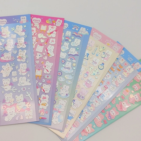 Cartoon Animal Stickers Cute Bear Rabbit Laser Holographic Silver Foil Journal Scrapbooking DIY Decor Korean Ins Style
