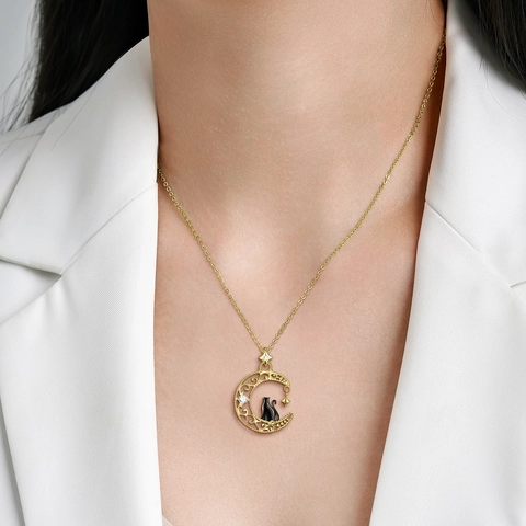 Collana con Ciondolo a Forma di Gatto Nero sulla Luna in Argento Sterling 925 per Donna Elegante Collana a Catena in Oro con Strass