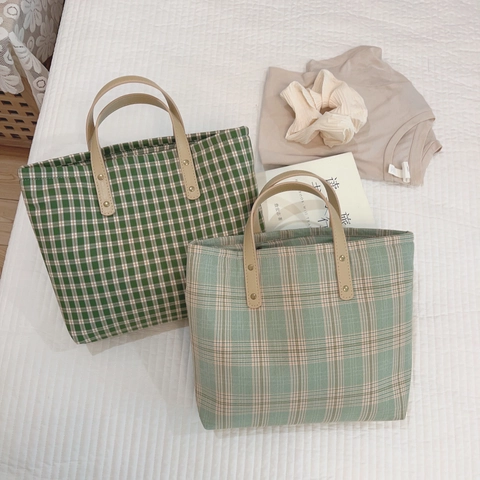 Plaid Tote Handtasche Vintage Canvas Stoff Mit PU Ledergriff Reißverschluss Große Kapazität Lässig Für Frauen