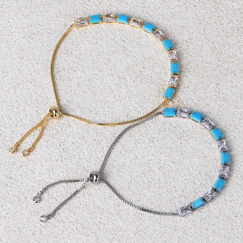Turquoise And Cubic Zirconia Rectangular Bracelet Brass Adjustable Slider Chain Elegant Hand Jewelry For Women