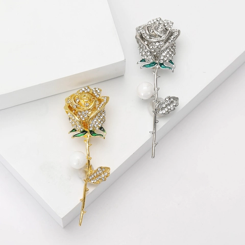Broche De Flor Rosa Vintage Aleación Diamantes De Imitación Perla Artificial Esmalte Joyería Elegante Accesorio Para Mujer Vestido Traje