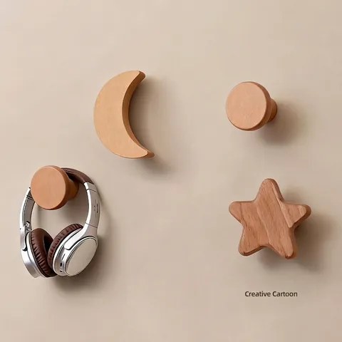 Wooden Wall Hooks Decorative Solid Wood Moon Star Animal No-Drill Adhesive Hat Coat Hangers Furniture Drawer Knobs