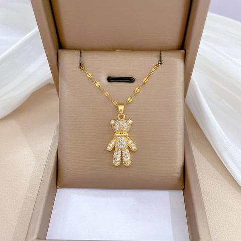 Teddy Bear Pendant Necklace Gold Plated Stainless Steel Chain Copper Micro Pave Zircon Sparkling Bow Tie Jewelry Women