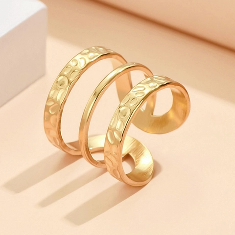 Multi-Layered Hammered Stainless Steel Ring For Women Open Adjustable Stacking Individual Minimalist Geometric Design