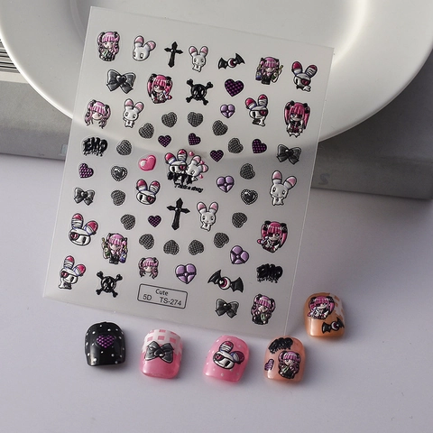 Stickers Ongles Relief 5D Auto Adhésifs Gothique Punk Dessin Animé Lapin Cœur Croix Décoration Manucure DIY