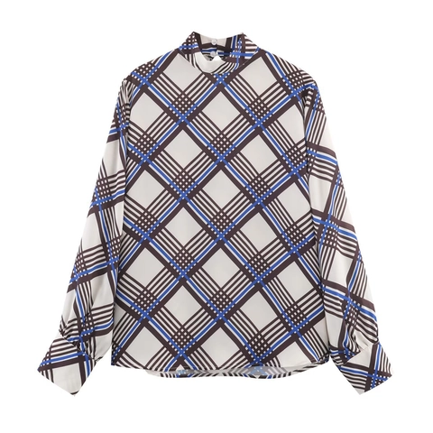 Damen Karierte Bluse Stehkragen Langarm Elegant Chiffon Hemd Lässig Vintage Oberteil Knopf Hinten Mode