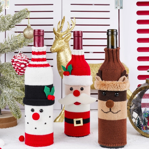 Christmas Wine Bottle Cover Knitted Santa Snowman Reindeer Holiday Dining Table Decoration Party Ornament Festive Gift