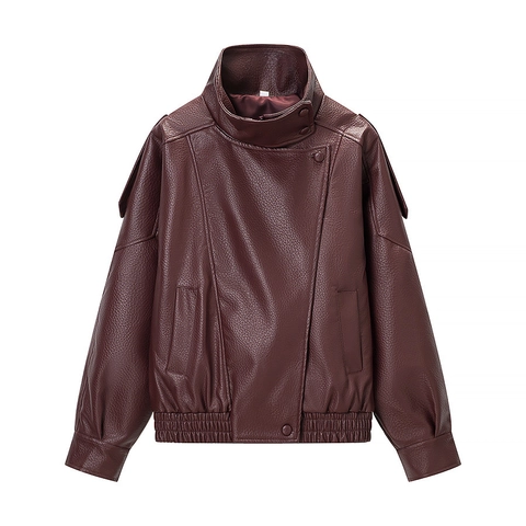 Giacca Bomber Vintage in Ecopelle da Donna Colletto a Listino Vestibilità Larga Cerniera Asimmetrica Giacca Moto in PU Manica Lunga
