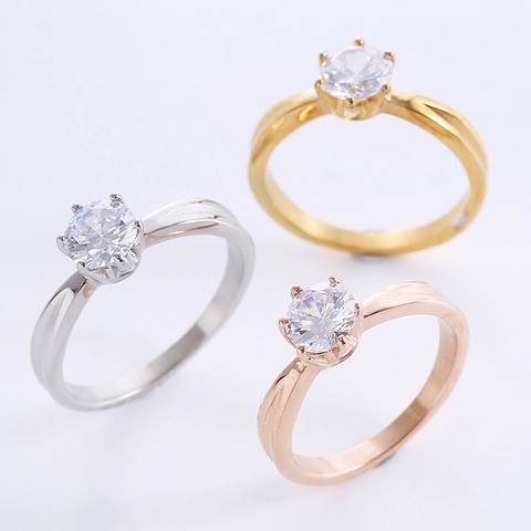 Stainless Steel Ring Round Cubic Zirconia Six Prong Classic Elegant Crown Design Solitaire Jewelry For Women Fashion Commute