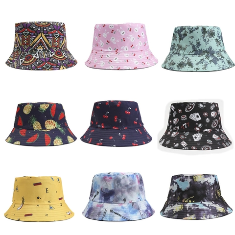 Polyester Bucket Hat Floral Fruit Ethnic Print Sun Protection Outdoor Summer Sunshade Flat Top Basin Hat For Men And Women