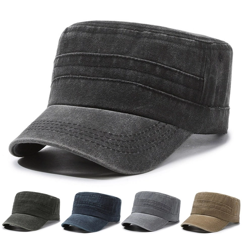 Cadet Cap Gewassen Katoen Militaire Hoed Platte Bovenkant Verstelbaar Retro Vintage Verweerde Zonnehoed Voor Mannen