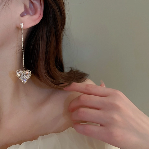 Hart Hangende Oorbellen Met Zirkoon Inlay Koper En 925 Sterling Zilveren Oorknopjes Elegante Lange Kwast Sieraden Voor Dames