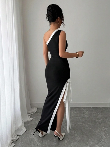 Asymmetrische Maxi Jurk Voor Dames Elegante Polyester Bodycon Avondjurk Hoge Split Contrastlint Decor