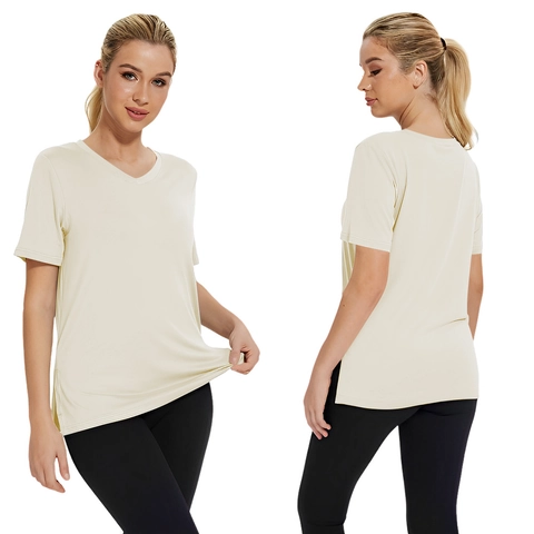Camiseta de Poliéster Casual para Mujer Elegante Color Sólido Cuello en V Manga Corta Top Holgado Abertura Lateral Moda Pullover Tee Confort Ropa