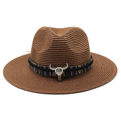 Straw Fedora Hat Wide Brim Sun Protection Western Cowboy Ethnic Woven Band With Bull Head Decor For Men Women