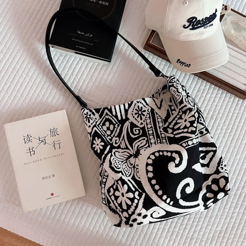 Borsa Tote Bohémien In Cotone Lino Tela Borsa A Spalla Con Tracolla In Pelle Stampa Geometrica Floreale Retrò Donna