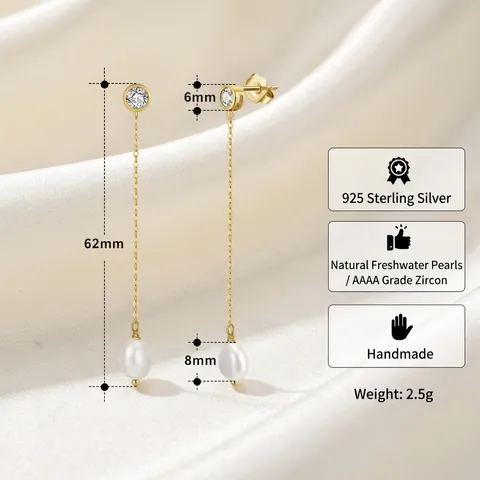 Elegante 925 Sterlingsilber Ohrhänger Mit Natürlicher Süßwasserperle Zirkonia Lange Quaste Hochzeitsschmuck Für Damen