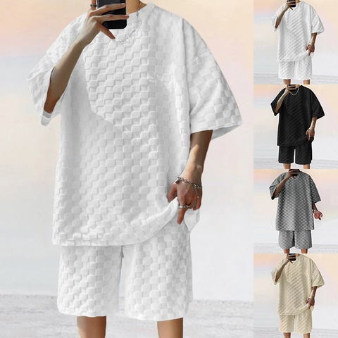 Men Summer Casual Outfit T-shirt And Shorts Waffle Knit Checkered Jacquard Streetwear Sporty Loose Fit
