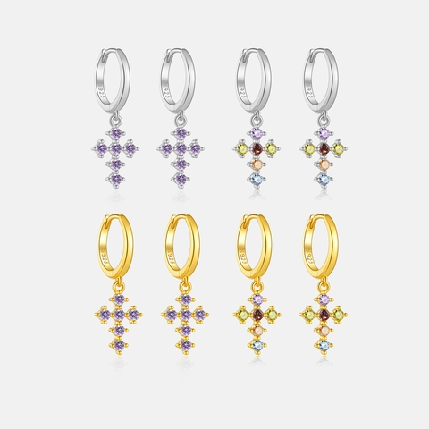 Orecchini a Cerchio con Croce in Argento Sterling 925 per Donna Strass Intarsiato Oro Argento Placcato Pendenti Gioielli Moda Regalo