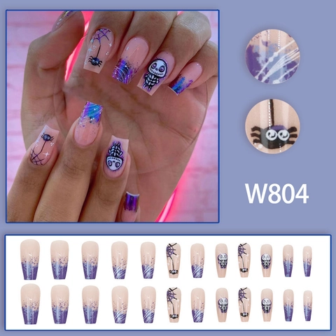 Halloween Unghie Finte Lunghe Bara Teschio Ragnatela Sfumato Viola Blu Glitter Lucido Per Donne