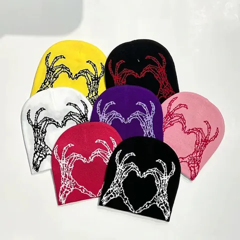 Halloween Beanie Mütze Strick Acryl Skelett Herz Hand Muster Streetwear Winter Warm Unisex Totenkopf Kappe