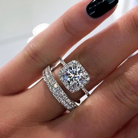Square Halo Stackable Rings Women Copper Cubic Zirconia Pavé Wedding Bridal Jewelry Romantic Luxury Round Main Stone