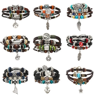 Bracciale In Pelle Multistrato Bohemien Vintage Con Perline In Legno Pendenti Piuma Ala Lega Stile Etnico Intrecciato