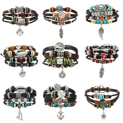 Vintage Bohemian Multi-Layer Leather Bracelet With Wood Beads Alloy Feather Wing Pendants Ethnic Style Handwoven