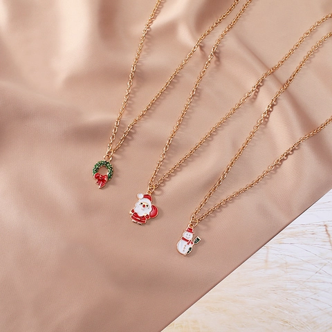 Christmas Pendant Necklace Titanium Steel Chain Alloy Enamel Santa Claus Snowman Xmas Tree Wreath Festive Jewelry For Women