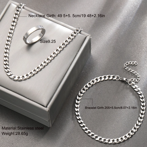 Stainless Steel Cuban Link Chain Necklace Bracelet Plain Band Ring Hip Hop Style Silver Color Jewelry For Men Women